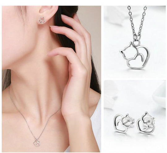 Sterling Silver Cat Heart Necklace and Earring Set