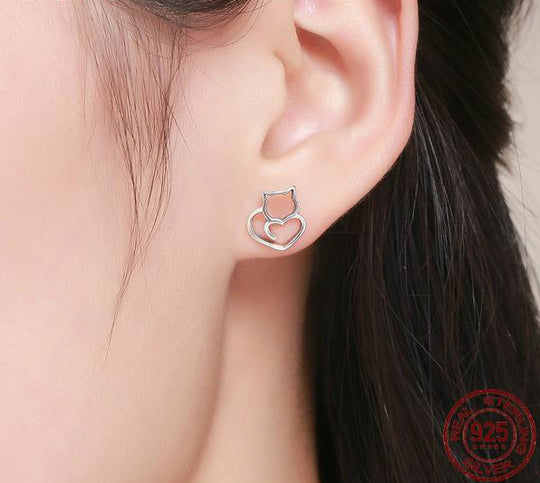 Sterling Silver Cat Heart Necklace and Earring Set