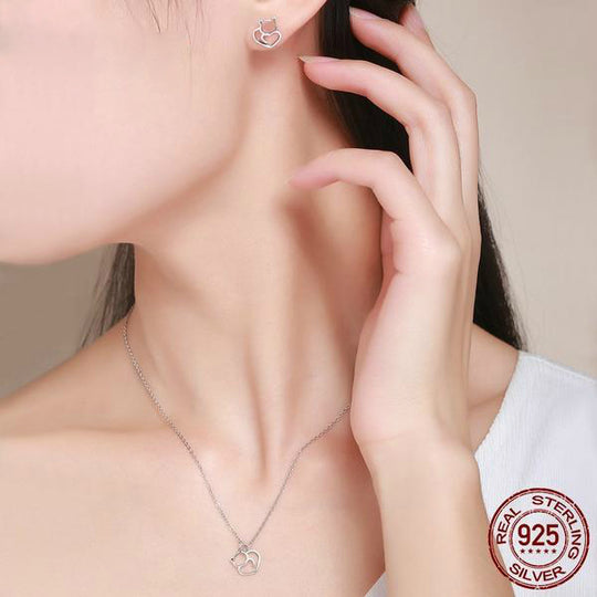 Sterling Silver Cat Heart Necklace and Earring Set