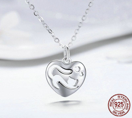 Sterling Silver Cat in Heart Shape Pendant Necklace