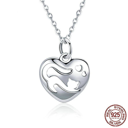 Sterling Silver Cat in Heart Shape Pendant Necklace