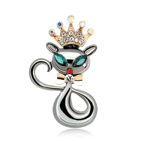 Cat Brooch - Fancy Enamel Cat Pin With Rhinestone Crown