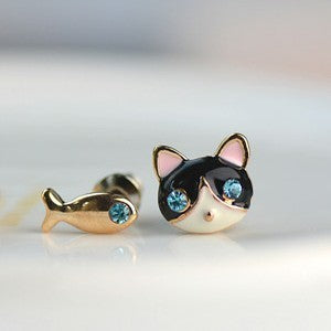 Cat And Fish Asymmetric Earrings with Blue Crystal Eyes