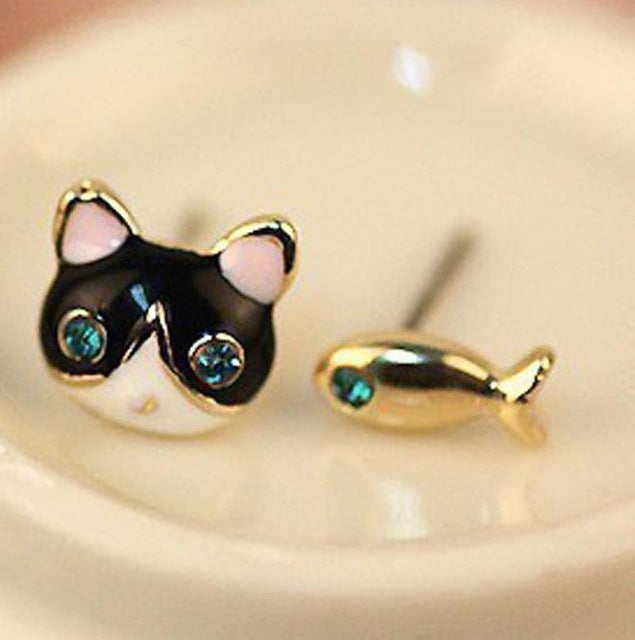 Cat And Fish Asymmetric Earrings with Blue Crystal Eyes