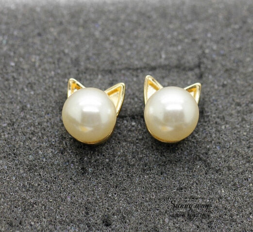 Faux Pearl with Cat Ears Earrings - Faux Pearl Cat Earrings - Cat Ear Earrings
