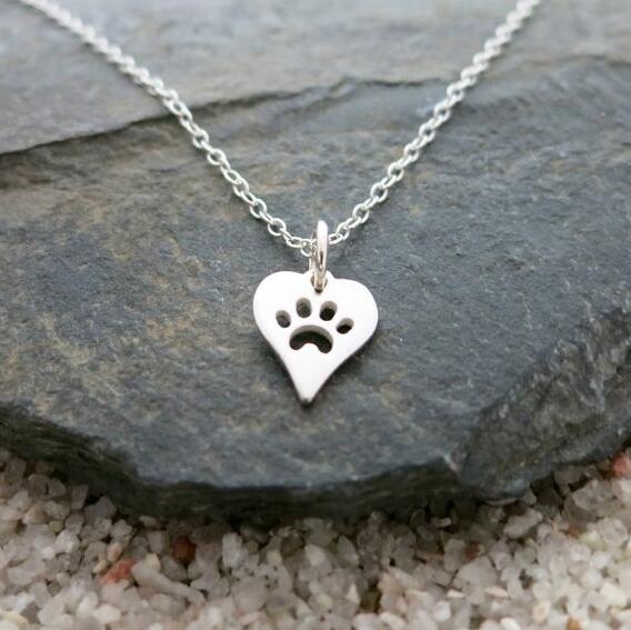 Paw Print Heart Necklace - Silver or Gold Color - Cat Paw Print Pendent - Cat Necklace