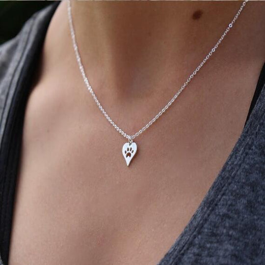 Paw Print Heart Necklace - Silver or Gold Color - Cat Paw Print Pendent - Cat Necklace