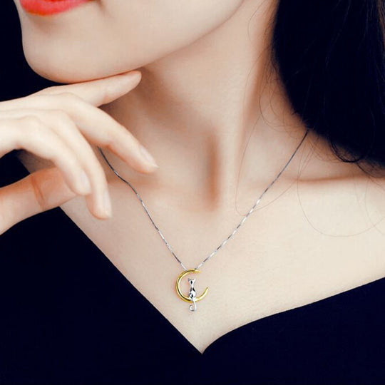 Cat Moon Necklace - Cat Charm Necklace - Silver and Gold Cat Necklace