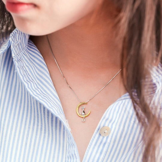 Cat Moon Necklace - Cat Charm Necklace - Silver and Gold Cat Necklace