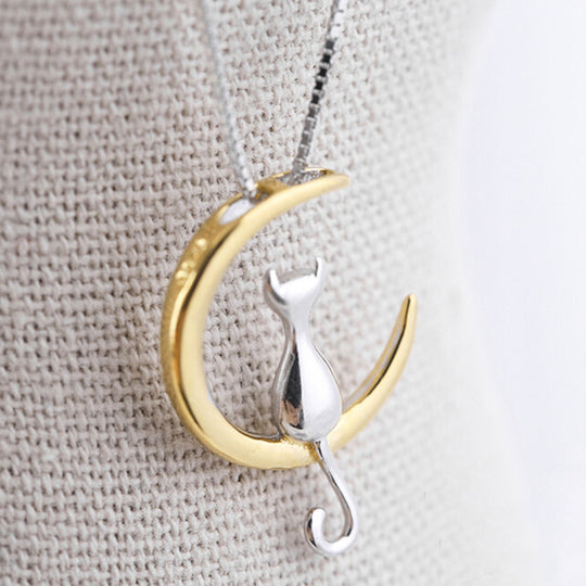 Cat Moon Necklace - Cat Charm Necklace - Silver and Gold Cat Necklace