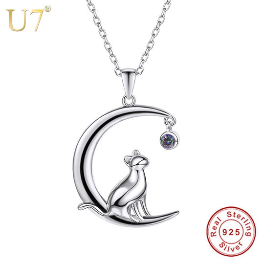 Sterling Silver Cat Moon Necklace