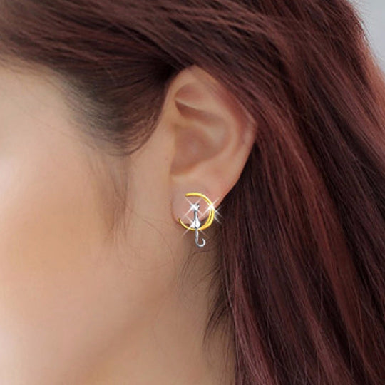 Cat Sitting On The Moon Earrings -  Gold And Silver Cat Earrings - Cat Stud Earrings