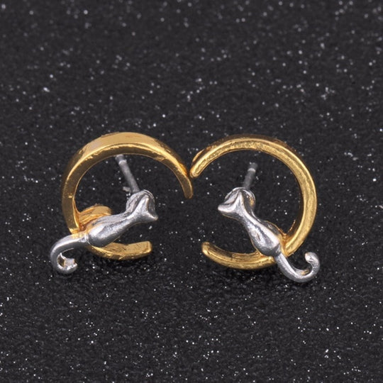 Cat Sitting On The Moon Earrings -  Gold And Silver Cat Earrings - Cat Stud Earrings