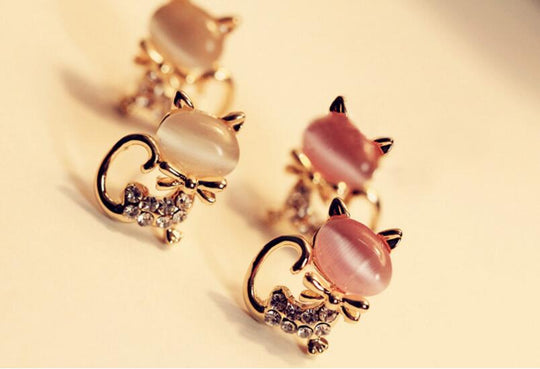 Cute Kitten Rhinestone Sweet Opal Cat Bow Stud Earrings