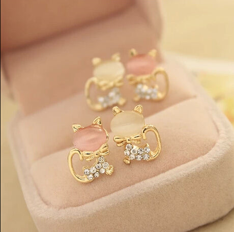 Cute Kitten Rhinestone Sweet Opal Cat Bow Stud Earrings