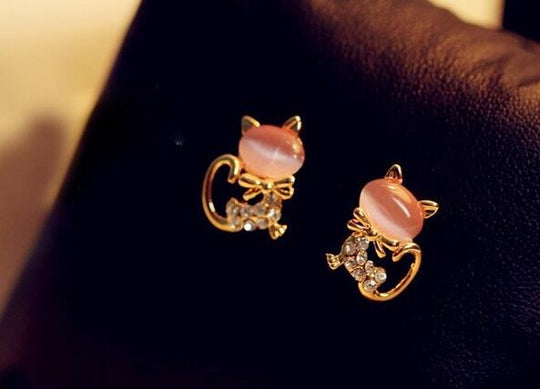 Cute Kitten Rhinestone Sweet Opal Cat Bow Stud Earrings