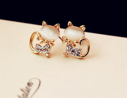 Cute Kitten Rhinestone Sweet Opal Cat Bow Stud Earrings