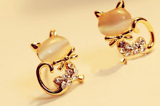 Cute Kitten Rhinestone Sweet Opal Cat Bow Stud Earrings