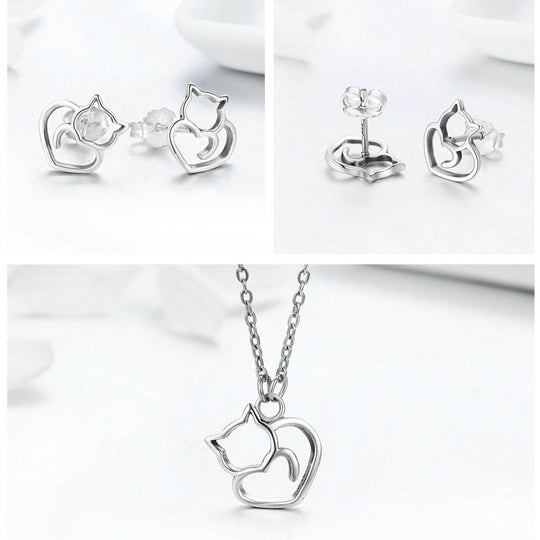 Sterling Silver Cat Heart Necklace and Earring Set