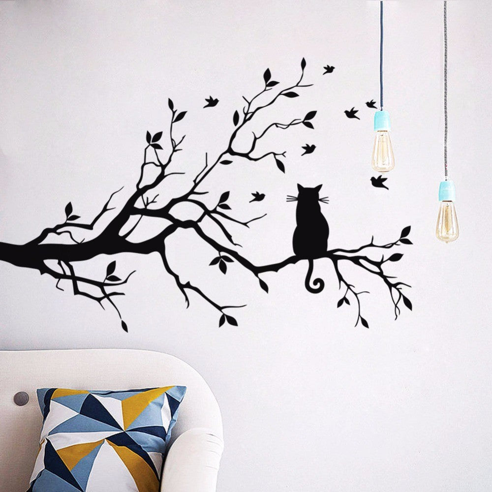 Cat On A Branch Wall Sticker - Cat Vinyl Art Decal - Cat Room Decor