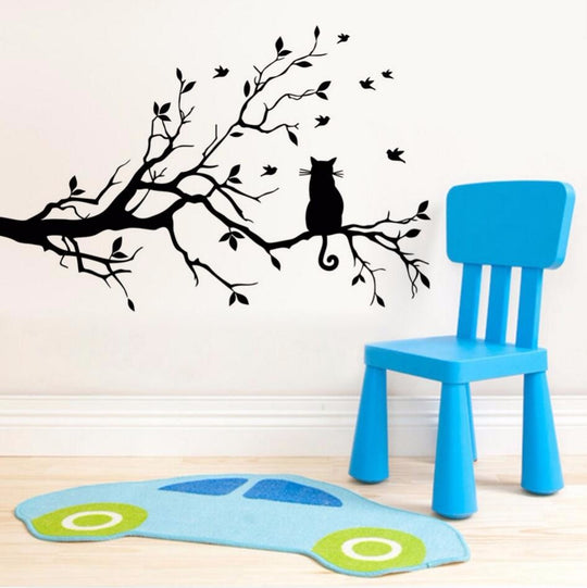 Cat On A Branch Wall Sticker - Cat Vinyl Art Decal - Cat Room Decor