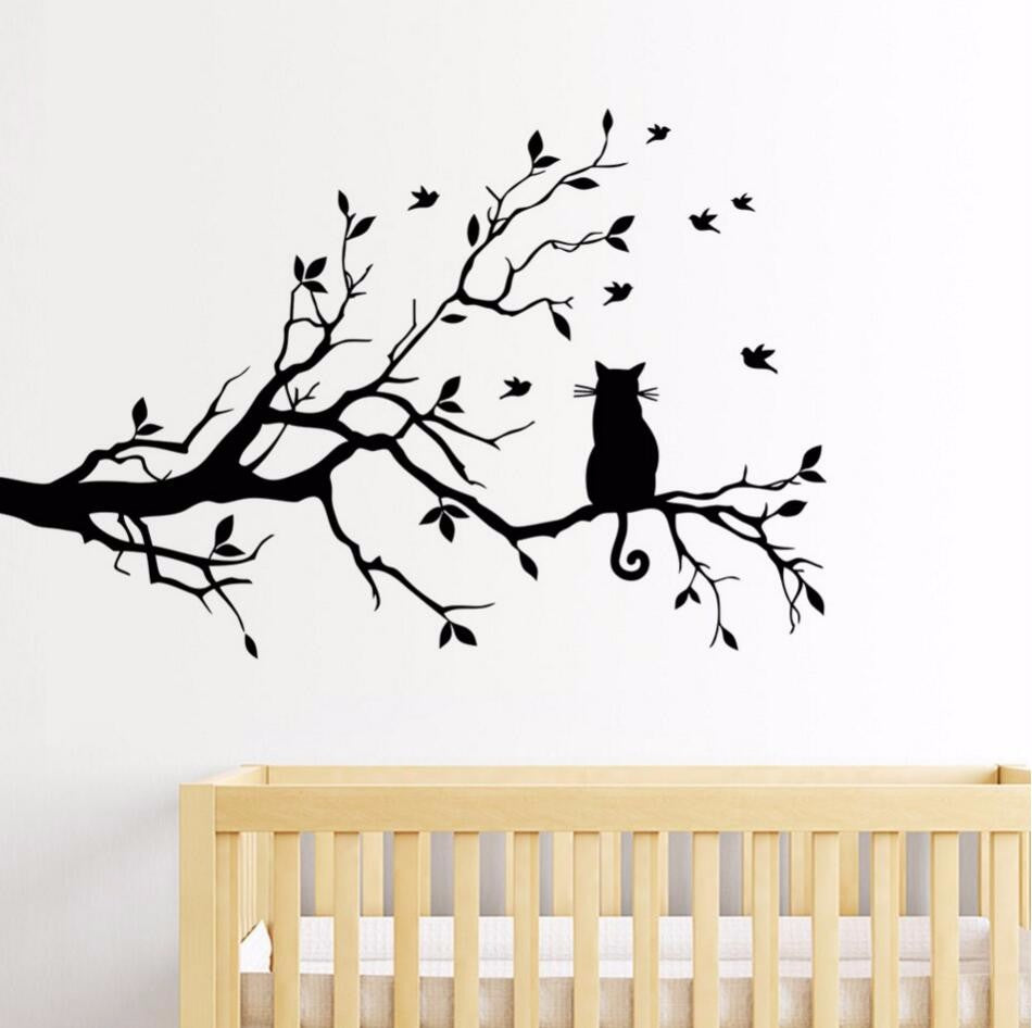 Cat On A Branch Wall Sticker - Cat Vinyl Art Decal - Cat Room Decor