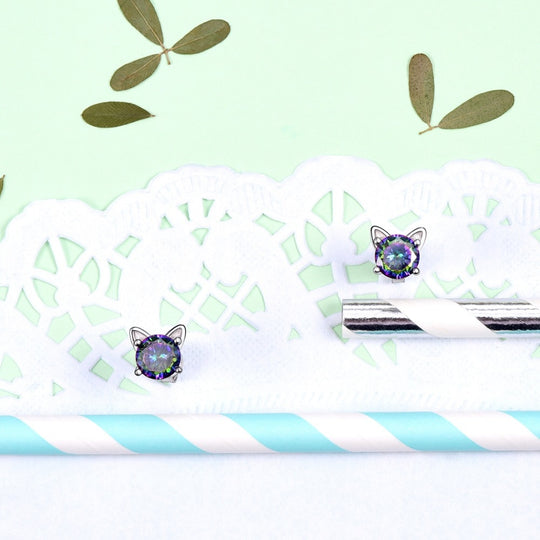 Sterling Silver Cute Cat Ears Shape Mystic Rainbow Topaz Crystal Earrings - Cat Earrings