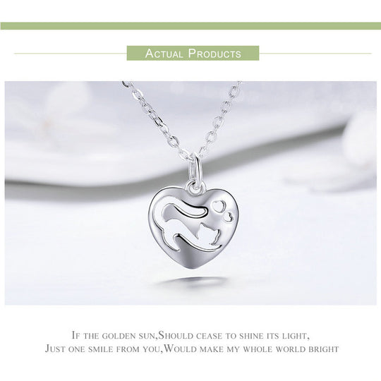 Sterling Silver Cat in Heart Shape Pendant Necklace