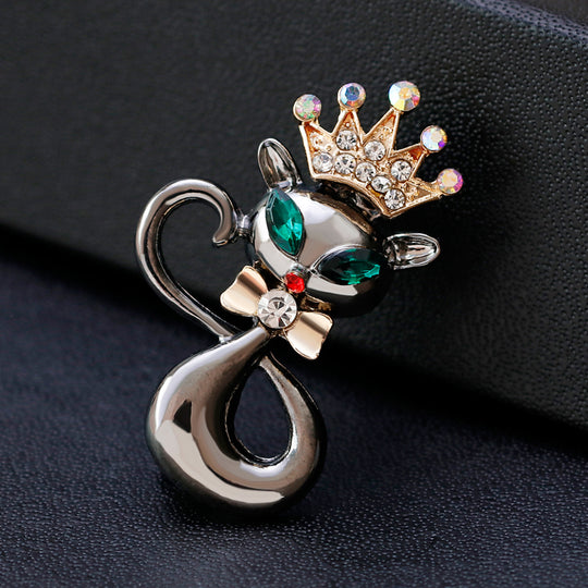 Cat Brooch - Fancy Enamel Cat Pin With Rhinestone Crown