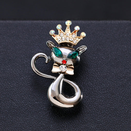 Cat Brooch - Fancy Enamel Cat Pin With Rhinestone Crown