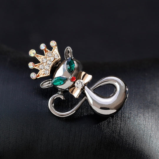 Cat Brooch - Fancy Enamel Cat Pin With Rhinestone Crown