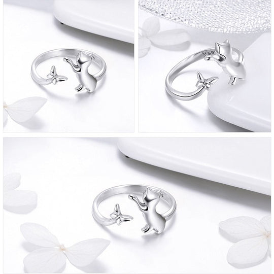 Sterling Silver Cat and Butterfly Ring - Adjustable Size Ring