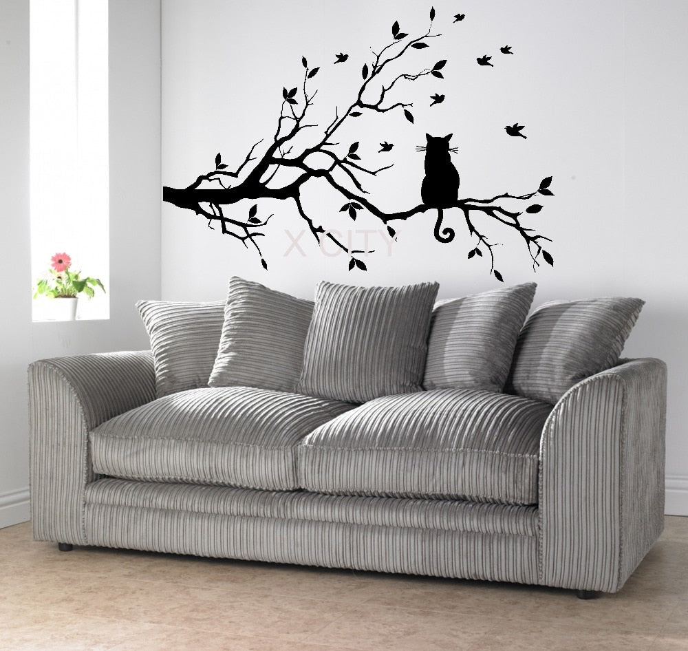 Cat On A Branch Wall Sticker - Cat Vinyl Art Decal - Cat Room Decor