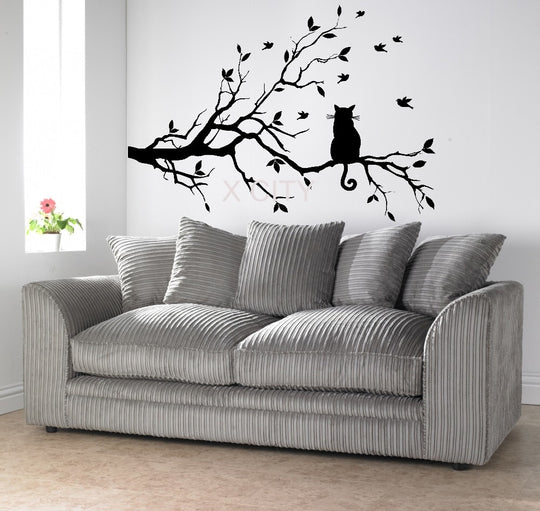 Cat On A Branch Wall Sticker - Cat Vinyl Art Decal - Cat Room Decor