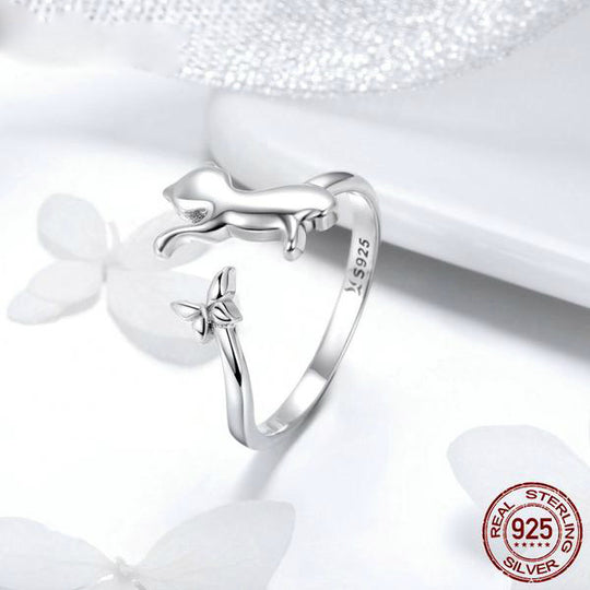 Sterling Silver Cat and Butterfly Ring - Adjustable Size Ring