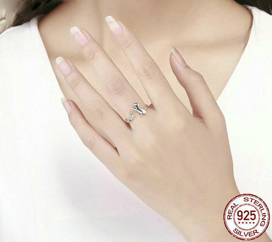 Sterling Silver Cat and Butterfly Ring - Adjustable Size Ring