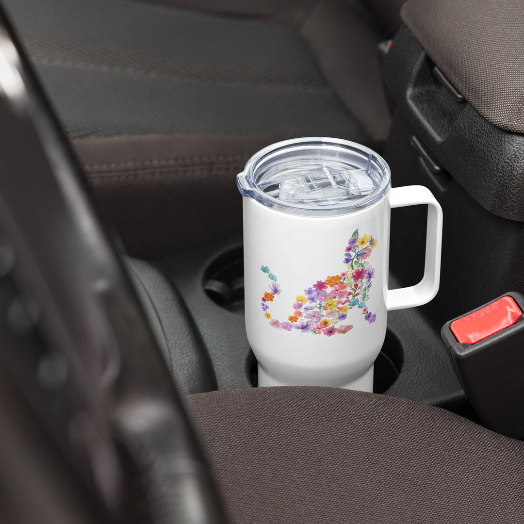 flower cat travel mug in car