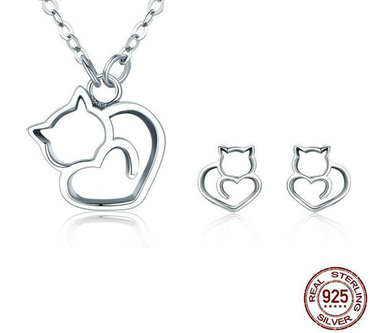 Sterling Silver Cat Heart Necklace and Earring Set