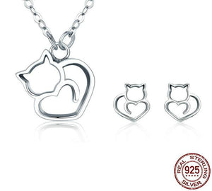 Sterling Silver Cat Heart Necklace and Earring Set