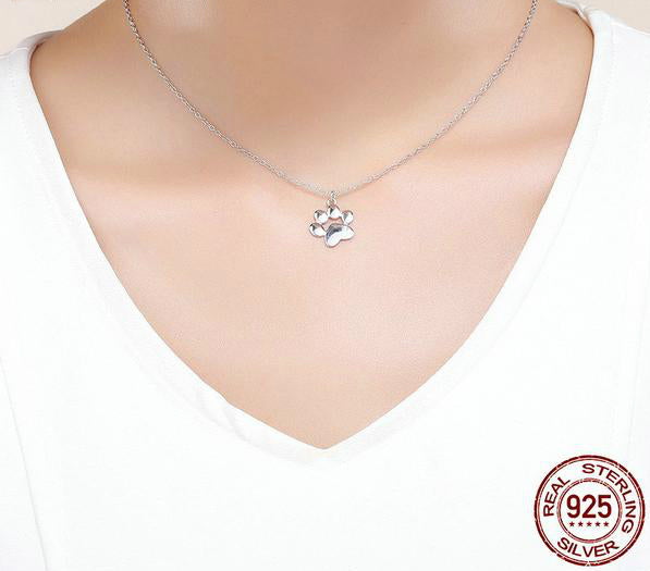 Sterling Silver Cat Paw Print Necklace - Cute Animal Footprint Necklace - Cat Necklace