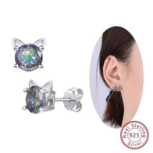 Sterling Silver Cute Cat Ears Shape Mystic Rainbow Topaz Crystal Earrings - Cat Earrings