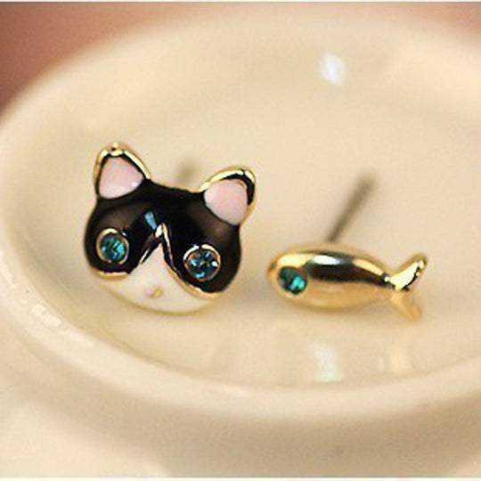 Cat And Fish Asymmetric Earrings with Blue Crystal Eyes