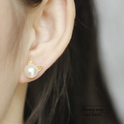 Faux Pearl with Cat Ears Earrings - Faux Pearl Cat Earrings - Cat Ear Earrings