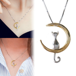 Cat Moon Necklace - Cat Charm Necklace - Silver and Gold Cat Necklace