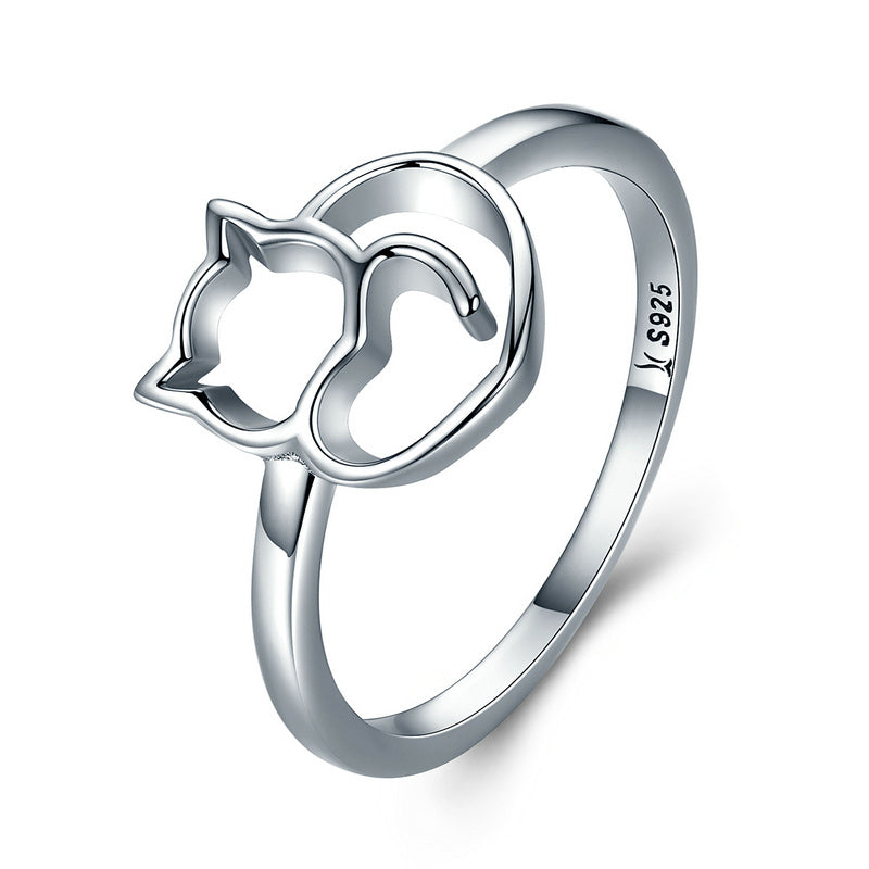 Sterling Silver Cat & Heart Ring for Women