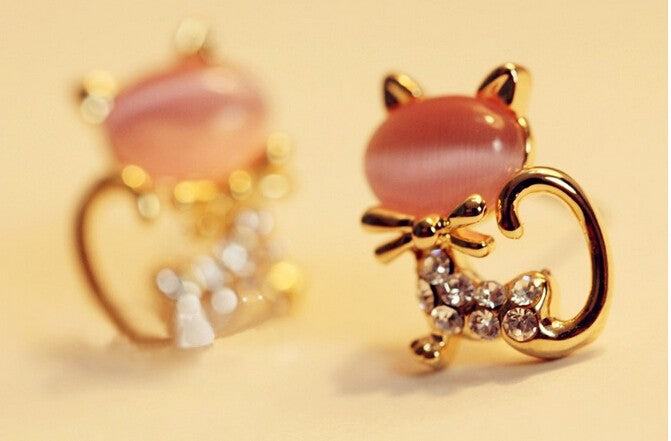 Cute Kitten Rhinestone Sweet Opal Cat Bow Stud Earrings