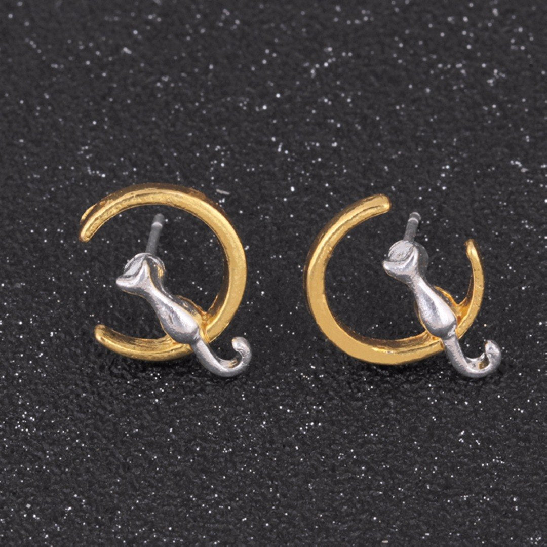 Cat Sitting On The Moon Earrings -  Gold And Silver Cat Earrings - Cat Stud Earrings