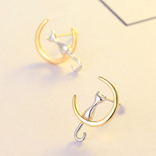 Cat Sitting On The Moon Earrings -  Gold And Silver Cat Earrings - Cat Stud Earrings