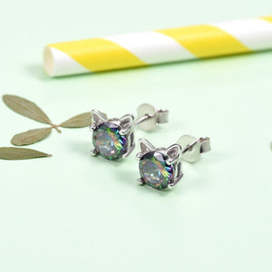Sterling Silver Cute Cat Ears Shape Mystic Rainbow Topaz Crystal Earrings - Cat Earrings