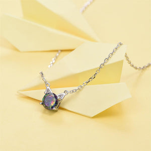 Sterling Silver Cute Cat Ears Shape Mystic Rainbow Topaz Crystal Necklace - Cat Necklace
